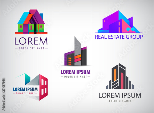 Vector Set of multicolored real estate logo designs for business visual identity, building, cityscape icons, houses, architecture