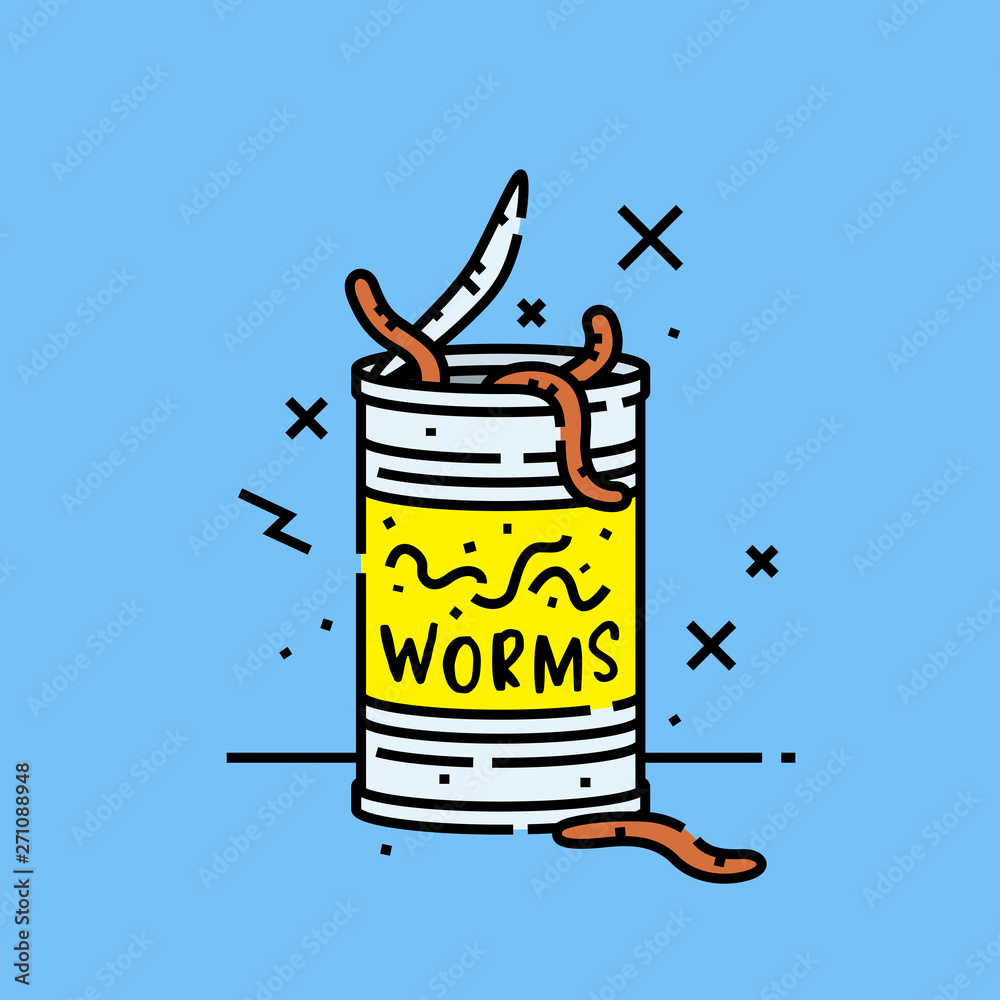 Can of worms icon. Earthworms in tin cartoon graphic symbol isolated on  yellow background. Fishing bait. Vector illustration. Stock Vector