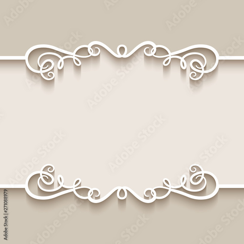 Vintage frame with cutout paper borders on ornamental beige background, wedding invitation or save the date card template with place for text