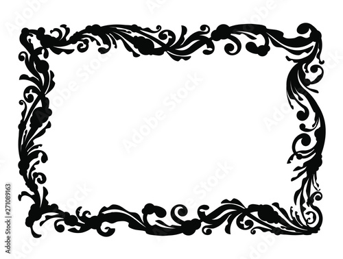 Old black asymmetrical, unusual frame with blank space for text. Retro vintage greeting card, invitation or template for notes.