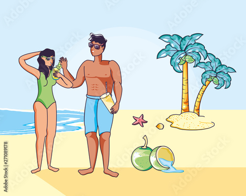 young couple with swimsuit in beach summer scene