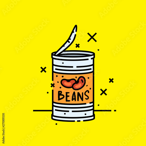 Canned beans icon. Baked beans tin cartoon graphic symbol isolated on yellow background. Vector illustration.