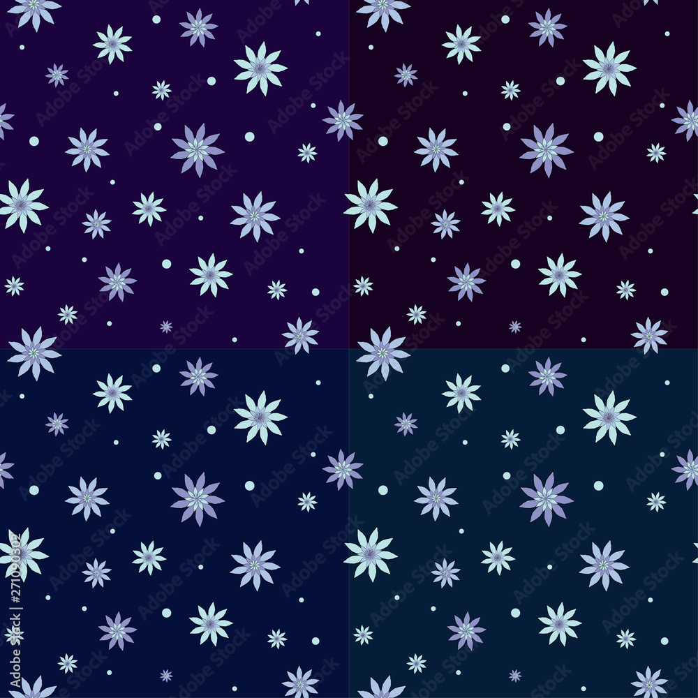 Vector set of 4 seamless floral patterns. Light blue, dark blue, violet colours.