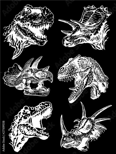 Graphical set of dinosaurs isolated on black background,vector illustration