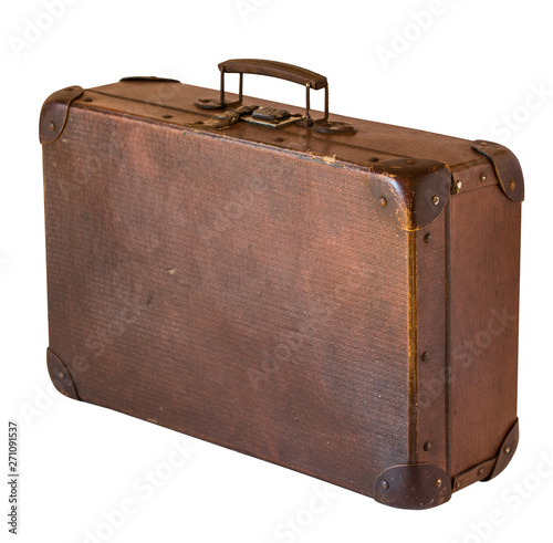 Old shabby vintage suitcase isolated on white background. Retro style.