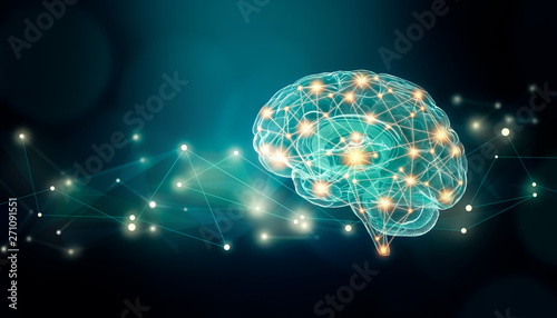 Human brain connexions illustration with abstract background and plexus lines network and copy space. Cerebral or neuronal activity concepts. photo