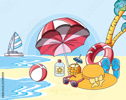 summer beach poster with icons of vacation