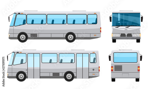 City public bus with flat and solid color style design. Side front and back view. Transparent window glasses. Vector illustration.