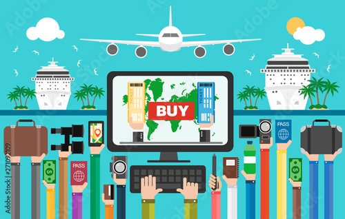 New Year travel design flat,online buy of tickets tropical travel.Vector illustration