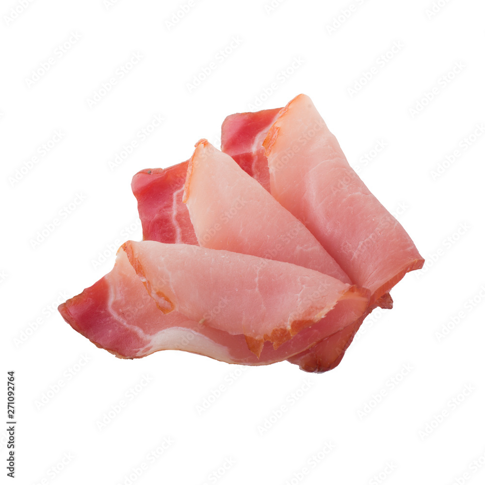 three of slices of ham isolated on white