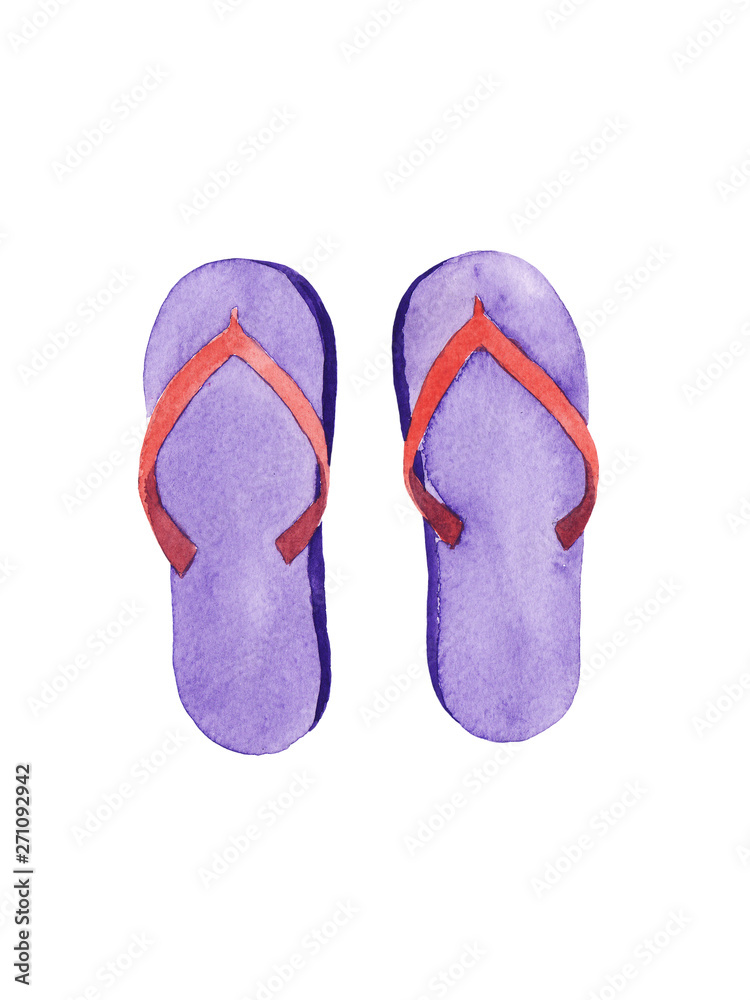 hand drawn watercolor violet flip flop isolated on white background. beachwear, sandals hand drawn watercolor violet flip flop isolated on white background. beachwear, sandals