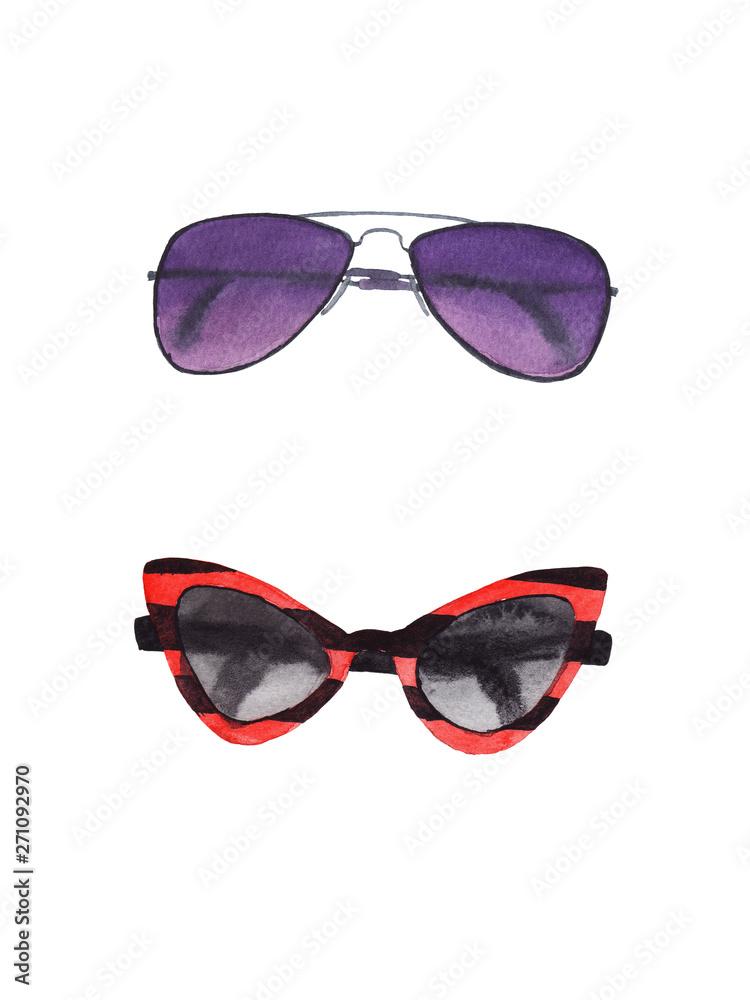 hand drawn watercolor set of sunglasses isolated on white background hand drawn watercolor set of sunglasses isolated on white background