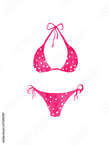 hand drawn watercolor pink swimsuit with polka dots isolated on white background