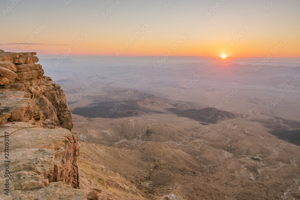 Sunrise in the Negev desert. Makhtesh Ramon Crater in Israel 