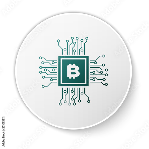 Green CPU mining farm icon isolated on white background. Bitcoin sign inside processor. Cryptocurrency mining community. Digital money. White circle button. Vector Illustration