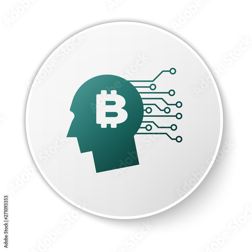 Green Bitcoin think icon isolated on white background. Cryptocurrency head. Blockchain technology, bitcoin, digital money market, cryptocoin wallet. White circle button. Vector Illustration