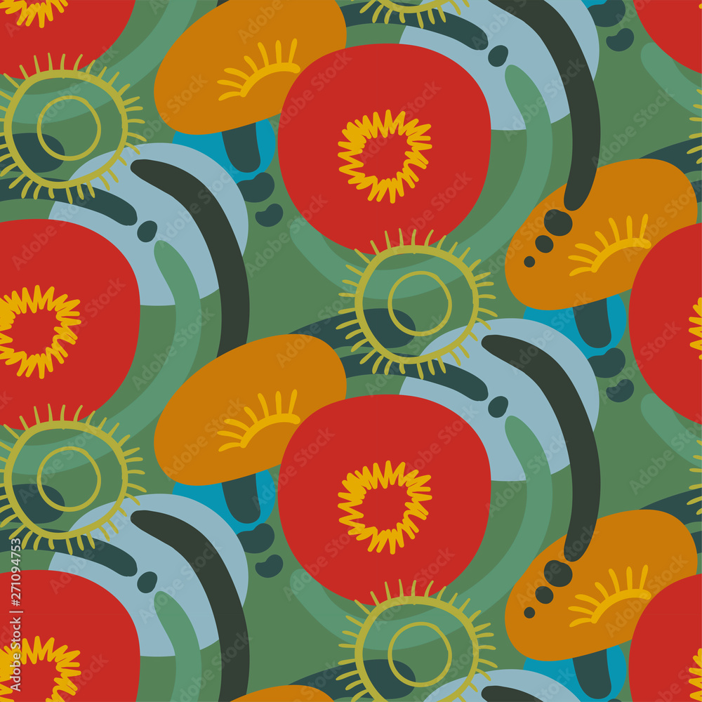 Fototapeta premium red poppies backdrop seamless pattern vector floral design primitive scandinavian