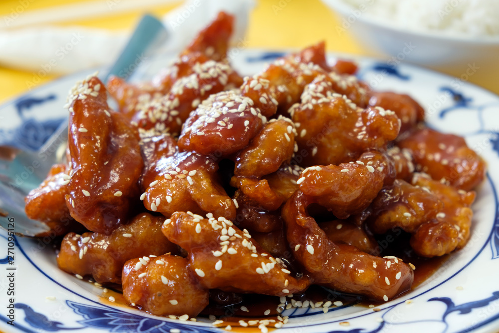 Chinese sesame chicken ready to be served on table Chinese sesame chicken ready to be served on table