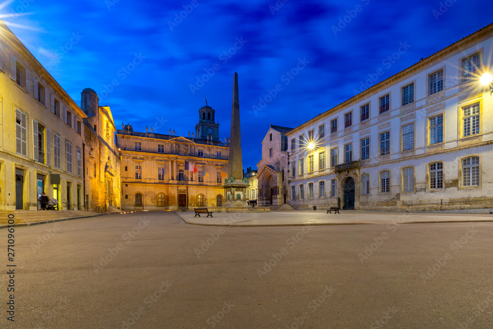 Arles. Republic Square and City Hall at sunset.