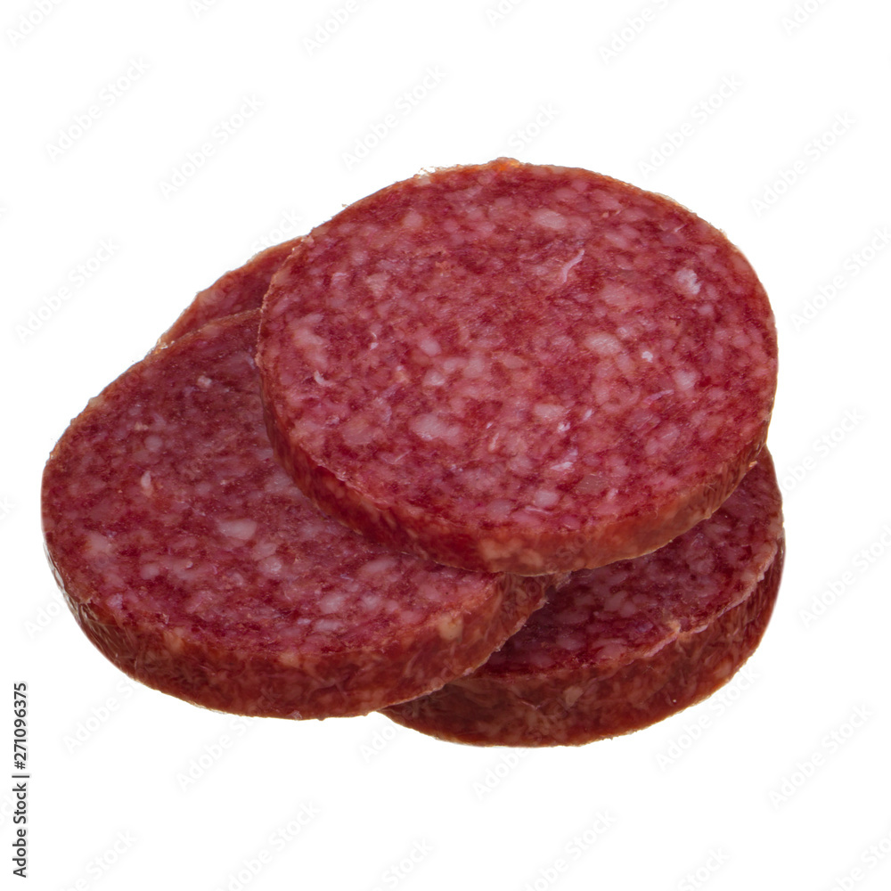 heap of slices of sausage isolated on white background heap of slices of sausage isolated on white background
