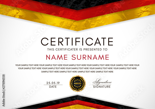 Certificate template with German flag (black, red, yellow colors) frame and gold badge. White background design for Diploma, certificate of appreciation or award