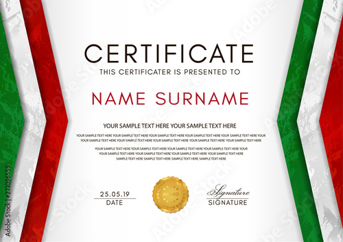 Certificate template with Italian flag (black, red, yellow colors) frame and gold badge. White background design for Diploma, certificate of appreciation or award