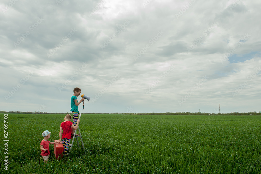 Funny children in bright celebratory clothes play on green field with wheat. Pink suitcase, folding ladder, megaphone. Boys are happy together on vacation in village..Unity with nature Funny children in bright celebratory clothes play on green field with wheat. Pink suitcase, folding ladder, megaphone. Boys are happy together on vacation in village..Unity with nature