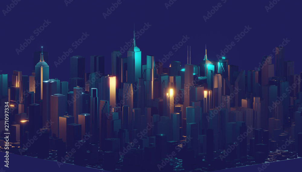 3d rendering digital abstract city. City building forms with reflections, shadows and random elements.