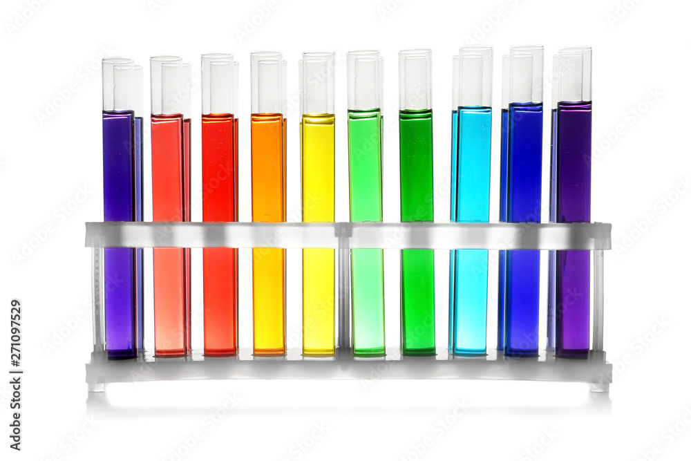 Rack with test tubes of color liquid isolated on white. Solution chemistry