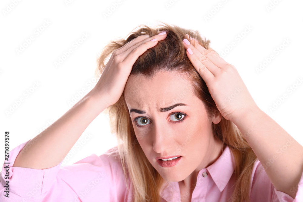 Young woman with hair loss problem on white background Young woman with hair loss problem on white background