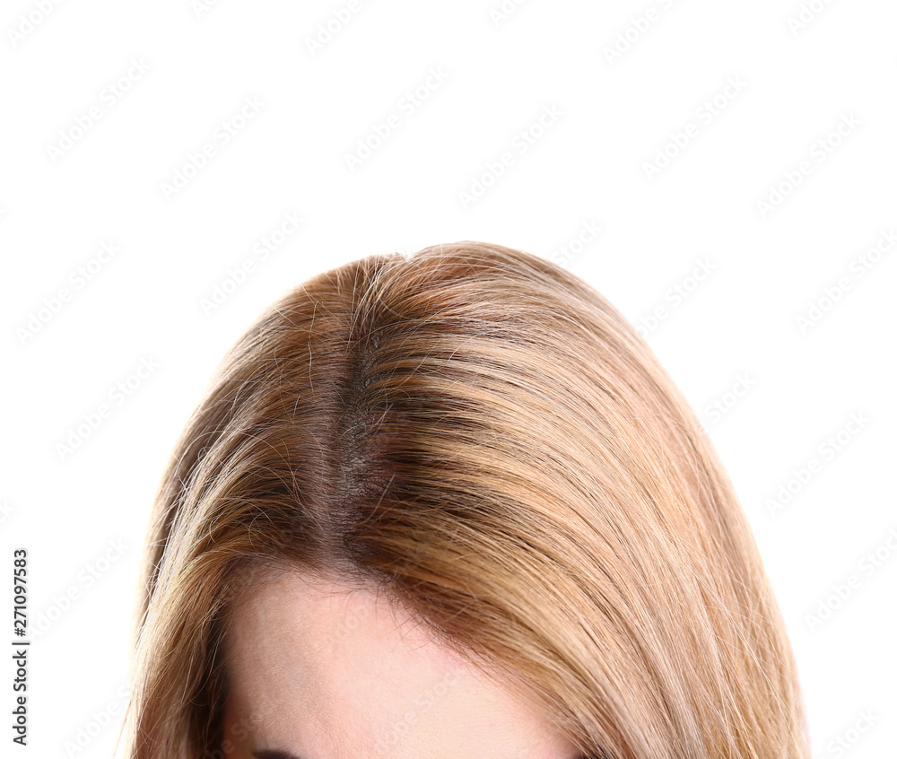 Young woman with hair loss problem on white background, closeup Young woman with hair loss problem on white background, closeup
