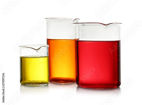 Beakers with color liquid isolated on white. Solution chemistry