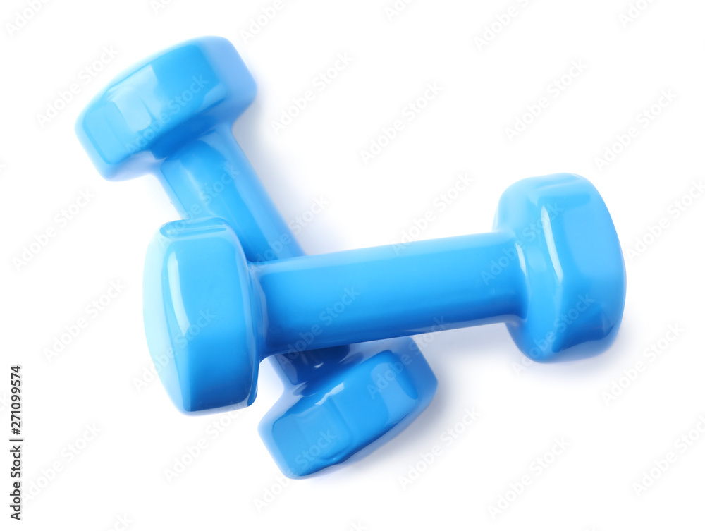 Color dumbbells on white background. Home fitness