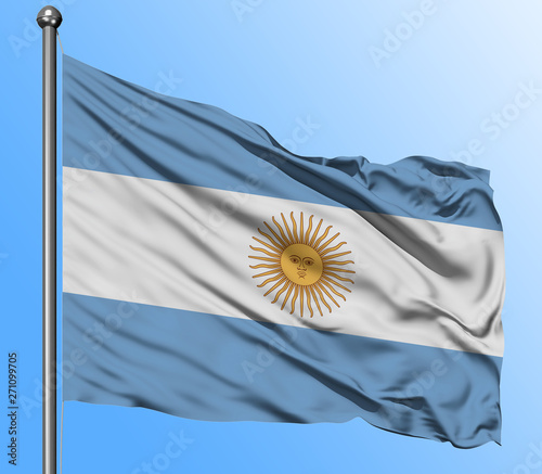 Argentina flag waving in the deep blue sky background. Isolated national flag. Macro view shot.