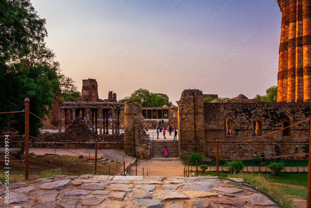 ancient ruins in Qutub complex at Qutub Minar in New Delhi, India