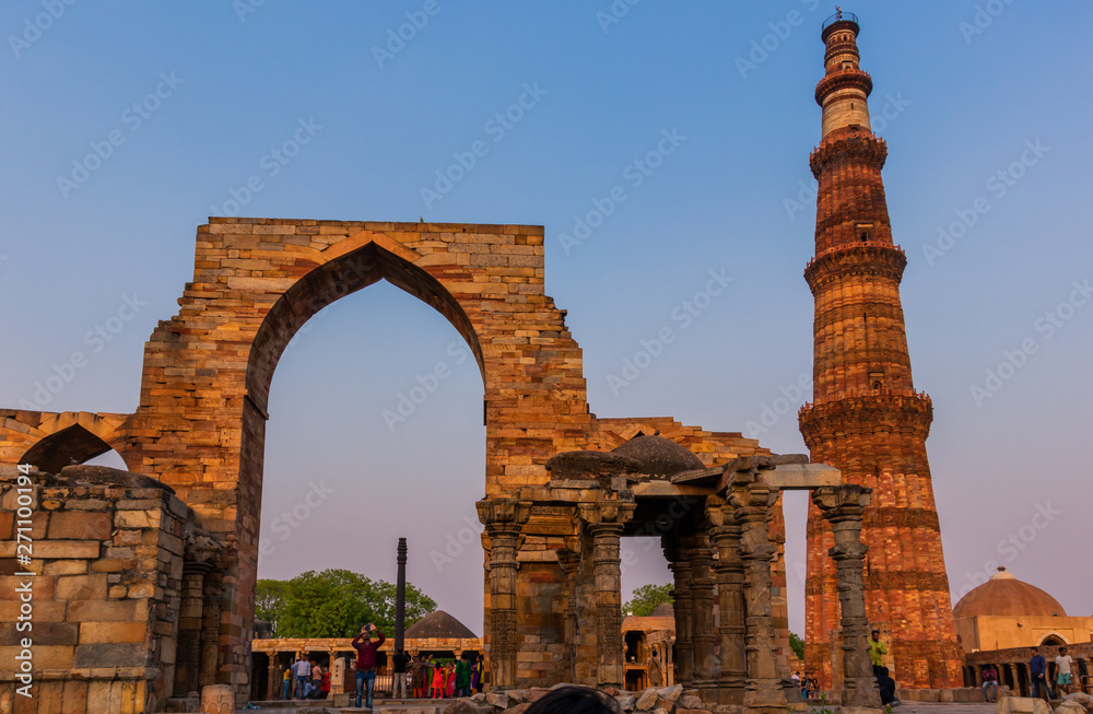 The Qutub Minar -  73-metre tall tapering tower of five storeys, also spelled as Qutab Minar, is a minaret that forms part of the Qutb complex, a UNESCO World Heritage Site in Delhi, India