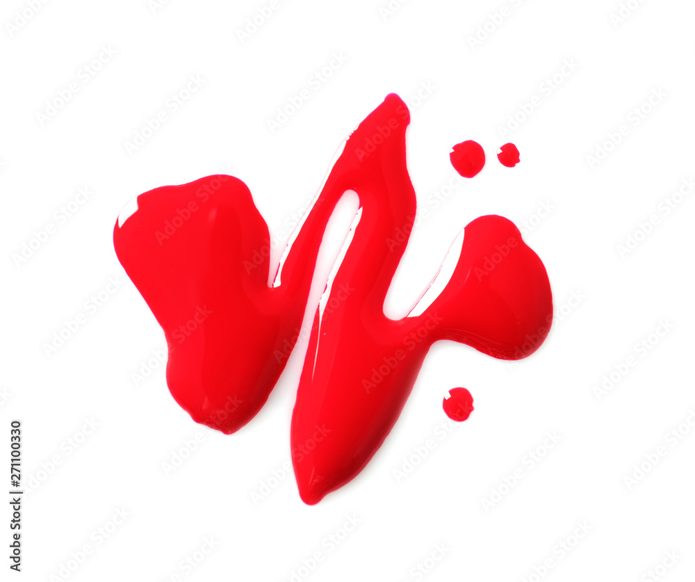 Red nail polish stain on white background, top view Red nail polish stain on white background, top view