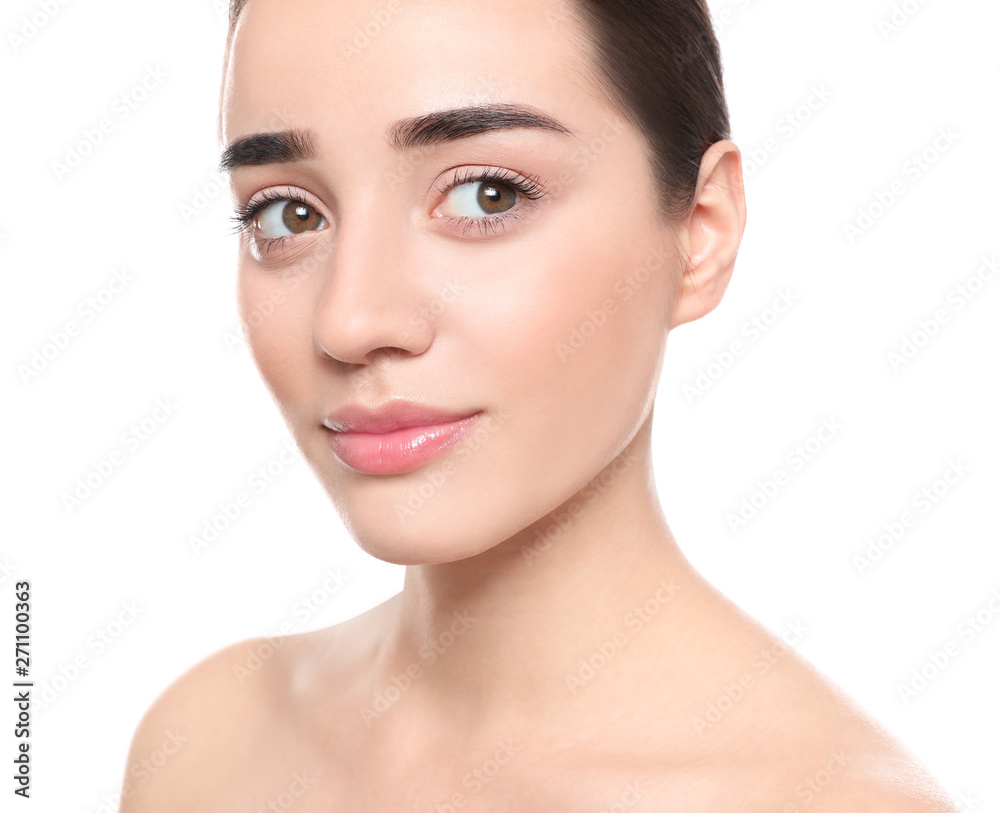 Portrait of young woman with beautiful face against white background Portrait of young woman with beautiful face against white background