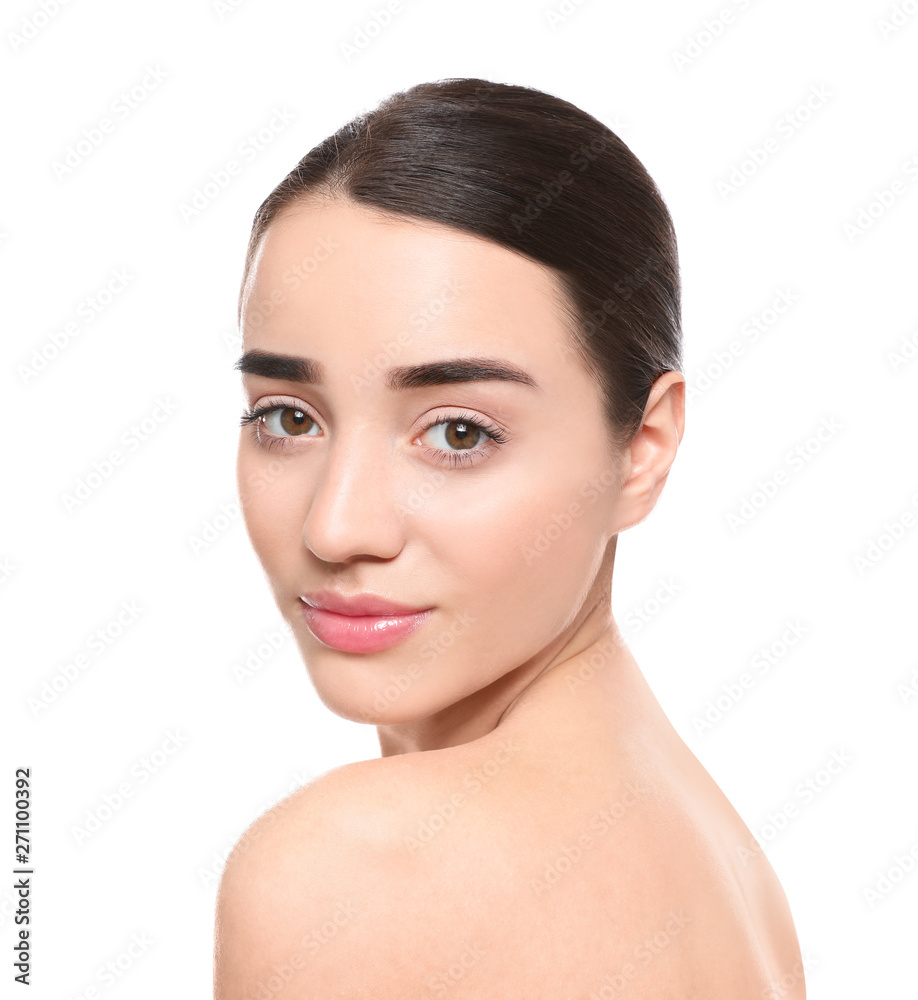 Portrait of young woman with beautiful face against white background Portrait of young woman with beautiful face against white background