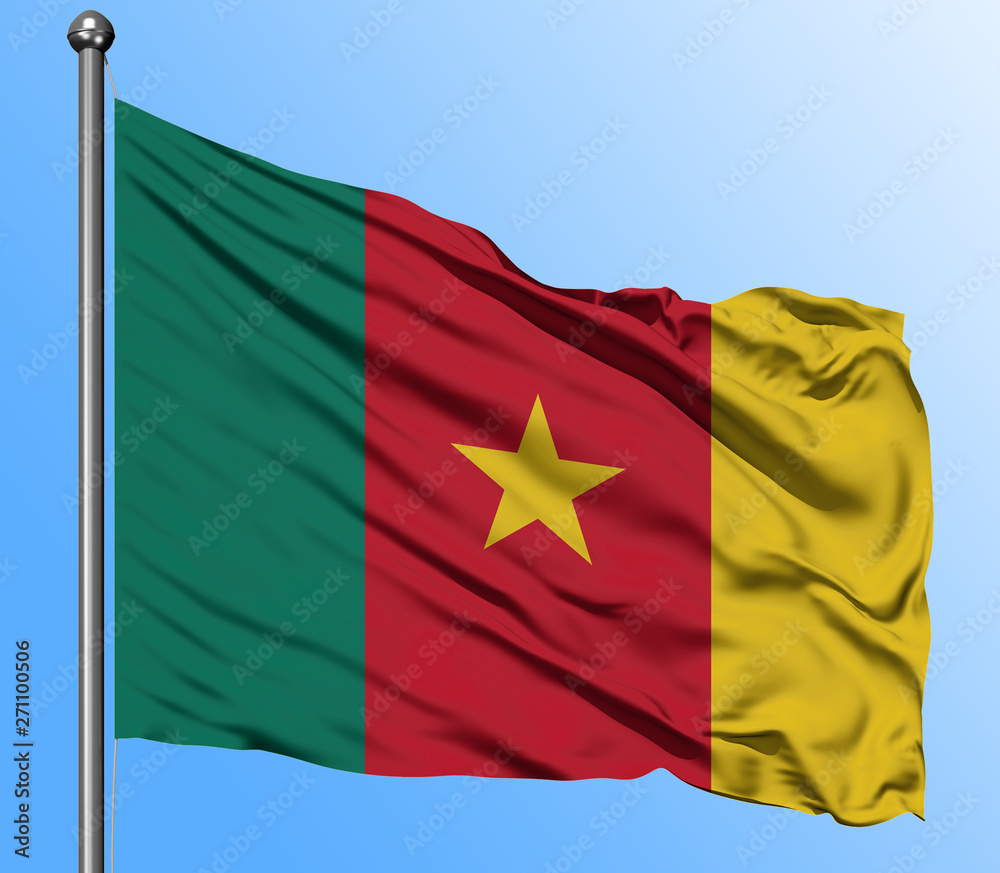 Naklejka premium Cameroon flag waving in the deep blue sky background. Isolated national flag. Macro view shot.