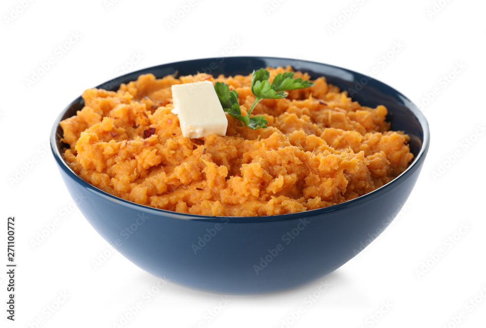 Bowl with mashed sweet potatoes on white background Bowl with mashed sweet potatoes on white background