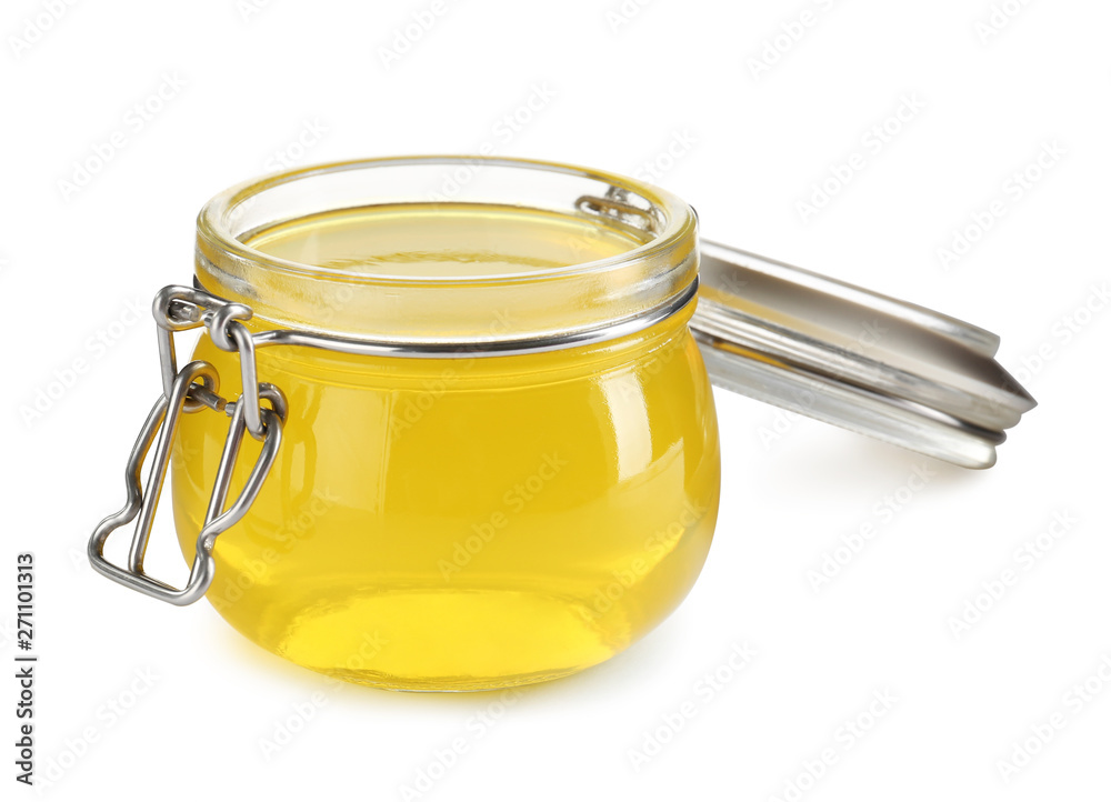 Tasty colorful jelly in glass jar on white background Tasty colorful jelly in glass jar on white background