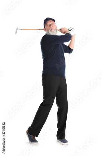 Senior man playing golf on white background