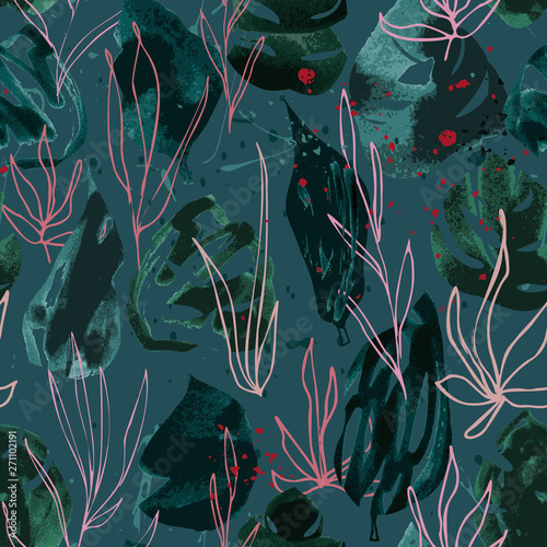 Hand drawn seamless pattern with dark green leaves