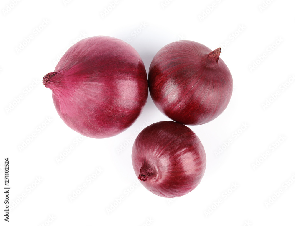 Fresh whole red onions on white background, top view