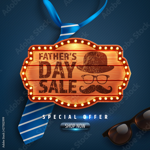 Father's Day Sale Special offer with vintage wooden board,blue necktie and glasses.Promotion and shopping template for Father's Day.Vector illustration EPS10