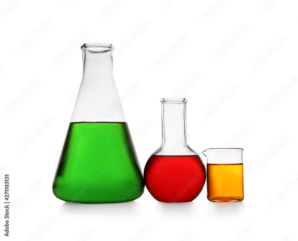 Chemistry glassware with color samples isolated on white Chemistry glassware with color samples isolated on white