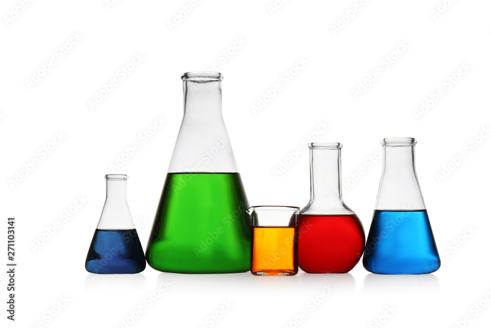 Chemistry glassware with color samples isolated on white Chemistry glassware with color samples isolated on white