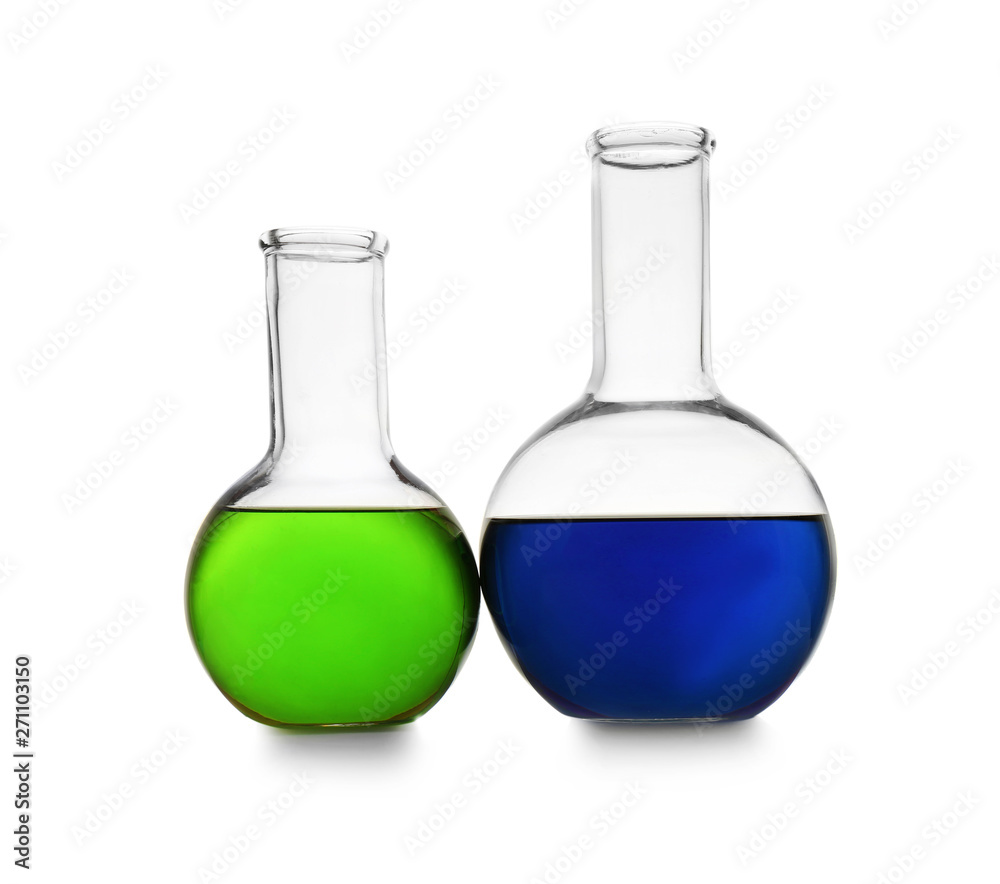 Chemistry glassware with color samples isolated on white Chemistry glassware with color samples isolated on white