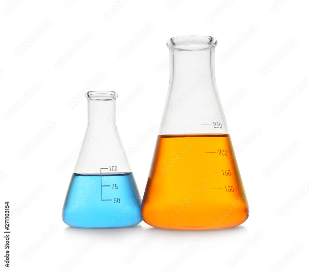 Chemistry glassware with color samples isolated on white Chemistry glassware with color samples isolated on white